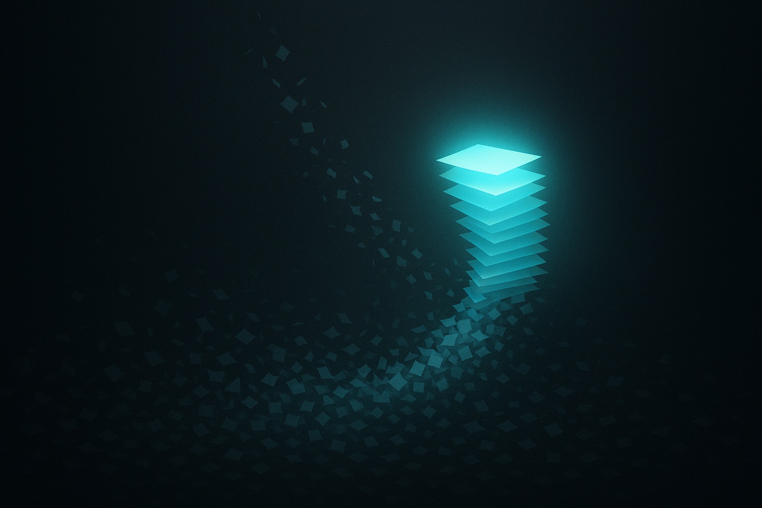 Scattered translucent fragments swirling into a single glowing ordered stack